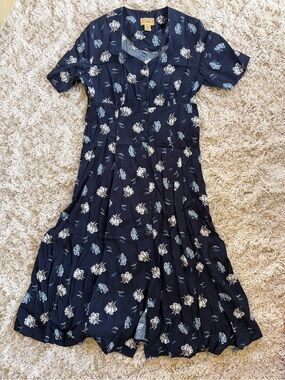 Vintage Navy Floral Button-Front Midi Dress